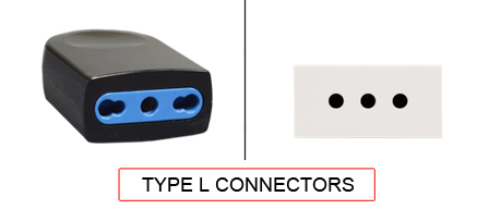 TYPE L Connectors are used in the following Countries:
<br>
Primary Country known for using TYPE L connectors is Italy.

<br>Additional Countries that use TYPE L connectors are Chile, Libya.

<br><font color="yellow">*</font> Additional Type L Electrical Devices:

<br><font color="yellow">*</font> <a href="https://internationalconfig.com/icc6.asp?item=TYPE-L-PLUGS" style="text-decoration: none">Type L Plugs</a>  

<br><font color="yellow">*</font> <a href="https://internationalconfig.com/icc6.asp?item=TYPE-L-OUTLETS" style="text-decoration: none">Type L Outlets</a> 

<br><font color="yellow">*</font> <a href="https://internationalconfig.com/icc6.asp?item=TYPE-L-POWER-CORDS" style="text-decoration: none">Type L Power Cords</a> 

<br><font color="yellow">*</font> <a href="https://internationalconfig.com/icc6.asp?item=TYPE-L-POWER-STRIPS" style="text-decoration: none">Type L Power Strips</a>

<br><font color="yellow">*</font> <a href="https://internationalconfig.com/icc6.asp?item=TYPE-L-ADAPTERS" style="text-decoration: none">Type L Adapters</a>

<br><font color="yellow">*</font> <a href="https://internationalconfig.com/worldwide-electrical-devices-selector-and-electrical-configuration-chart.asp" style="text-decoration: none">Worldwide Selector. All Countries by TYPE.</a>

<br>View examples of TYPE L connectors below.